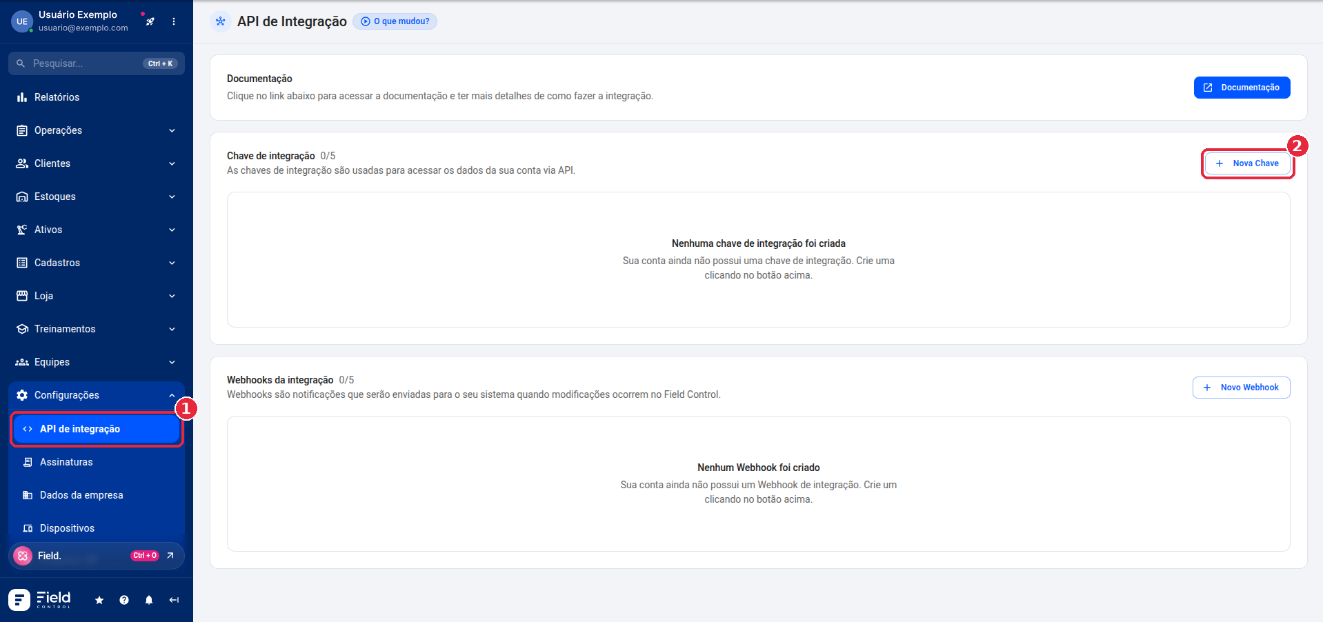 Menu API de integração e botão Nova Chave