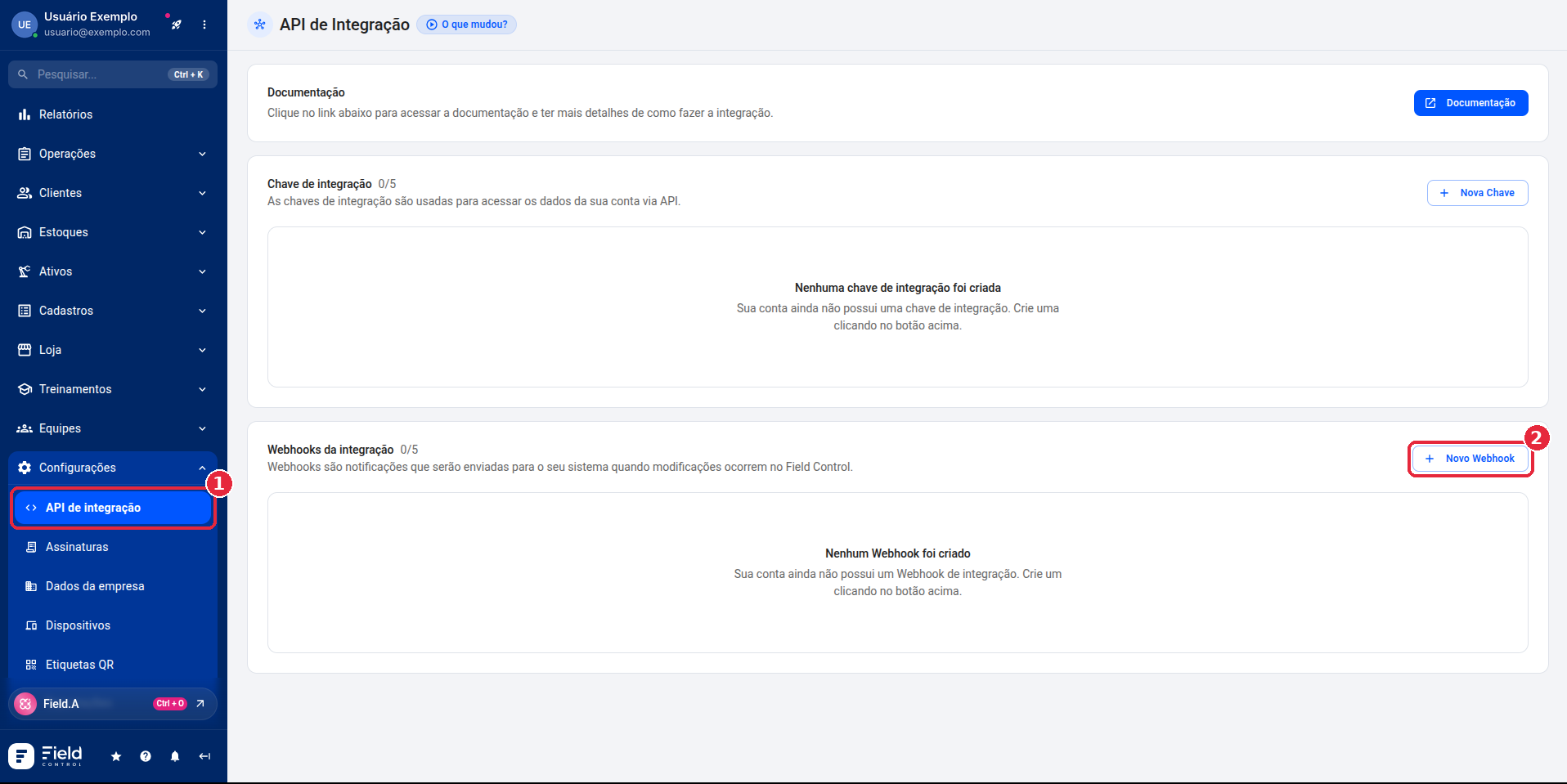 Menu API de integração e botão Novo Webhook