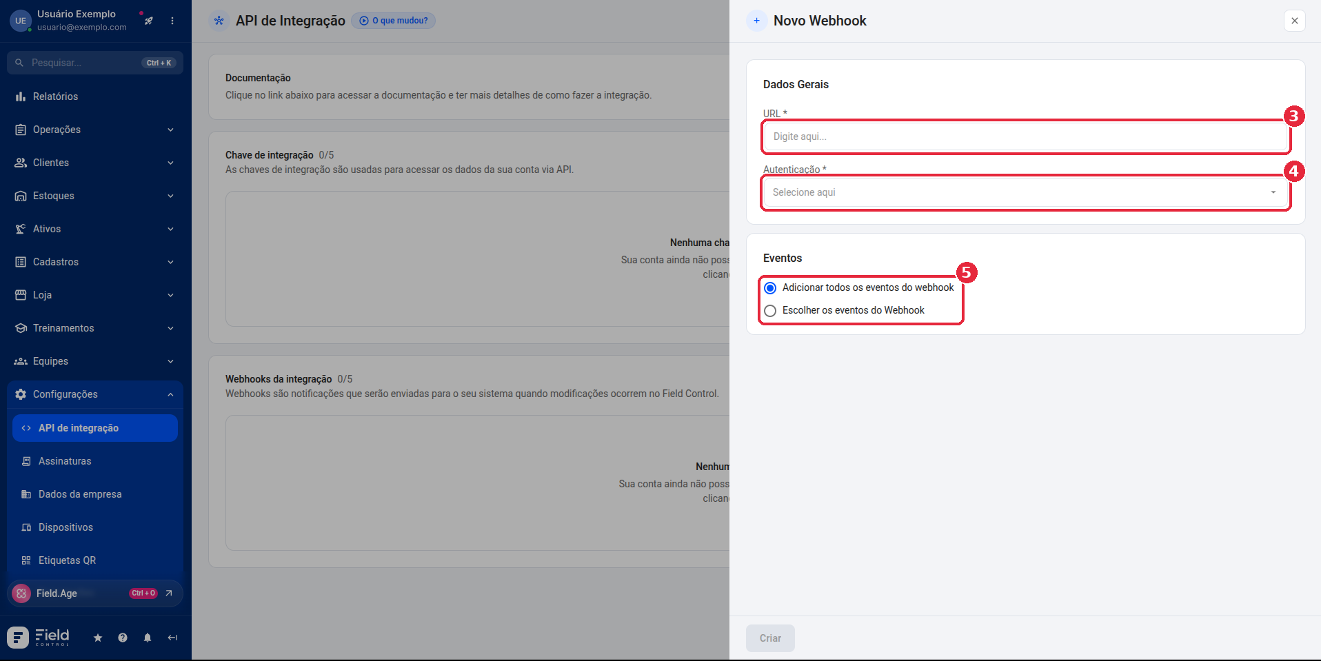 URL, autenticação e eventos