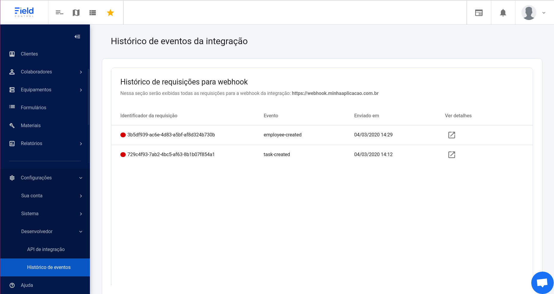 Historial de eventos